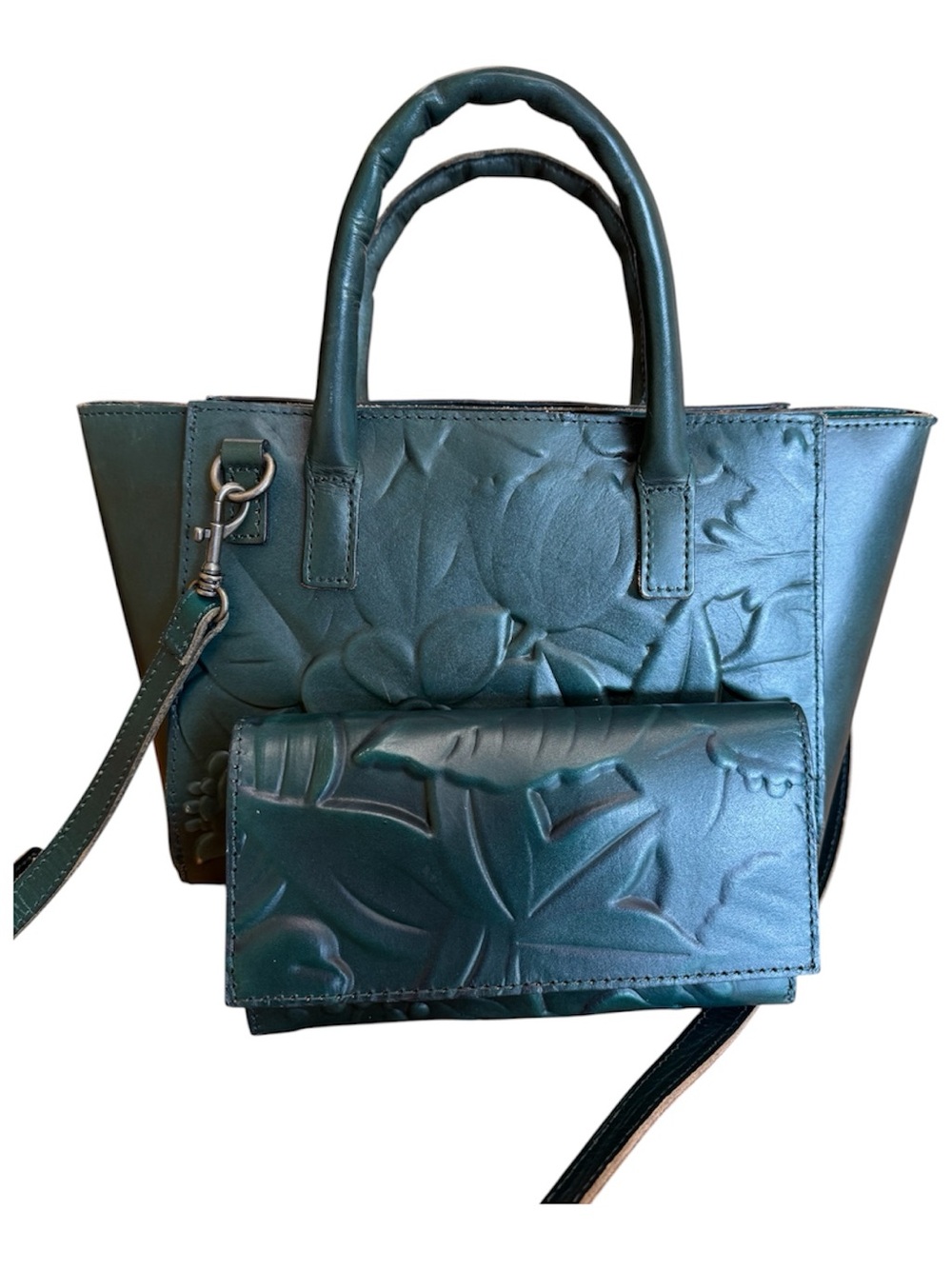 Patricia Nash Floral Embossed Leather Tote & Matching Wallet Set Dark Green